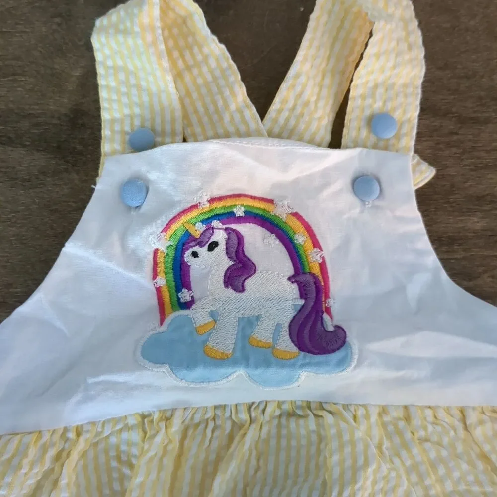 Lil Cactus Rainbow Unicorn Yellow Seersucker Bubble Romper 12-18 Months